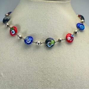 Vintage MILLIFIORI VENETIAN Murano Italian Beaded Sterling Silver Necklace 16.5”